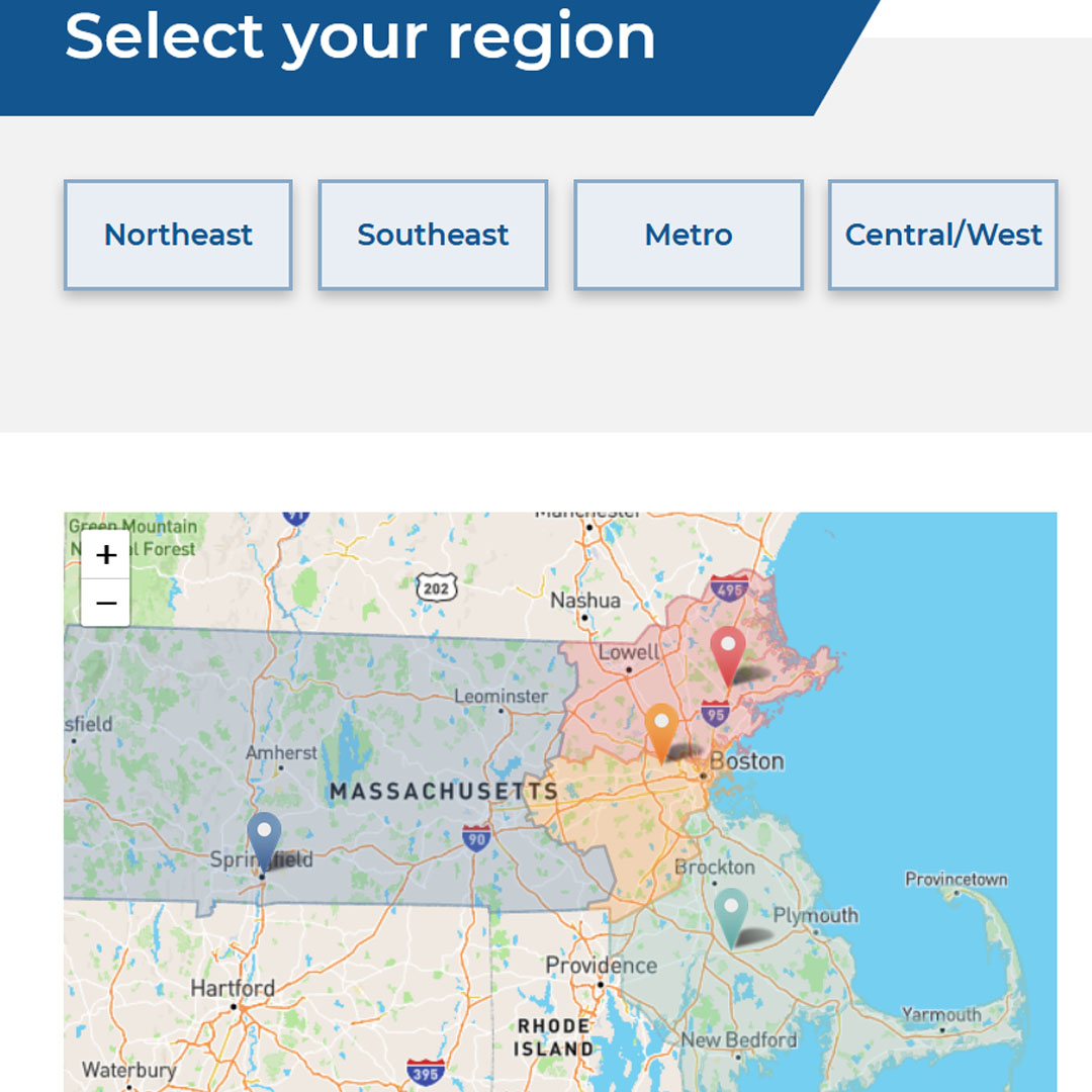 A blue label says 'Select your Region' above a map of Massachusetts and four buttons saying 'Northeast', 'Southeast', 'Metro', and 'Central/West'
